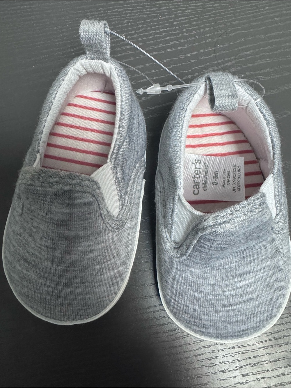 Carter's Gray Knit Slip-On Baby Shoes with Pink-Striped Insole